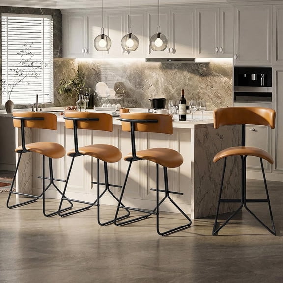 Memoryfield Counter Height Bar Stools Set of 4, 26" Faux Leather Bar Stools, Black Metal Frame, Modern Counter Stools for Kitchen Island, Dining Area & Home Bar, Brown