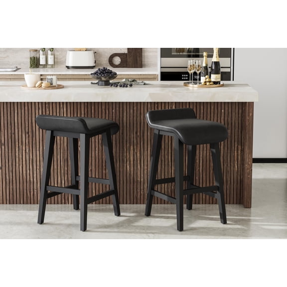 Memoryfield Counter Height Bar Stools Set of 2, Modern PU Leather Upholstered Low Back Barstools w/ Footrest, Kitchen Counter & Dining Room, Black