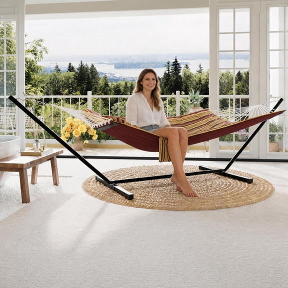 Memoryfield Double Hammock with Stand & Pillow, 450 lb Capacity, Balance Rope, Outdoor Patio Backyard, Yellow