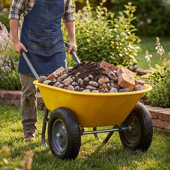 Memoryfield Dual-Wheel Wheelbarrow Garden Cart, Heavy Duty Utility Cart with Built-in Stand, Yard Cart for Garden, Lawn & Home Use, Yellow