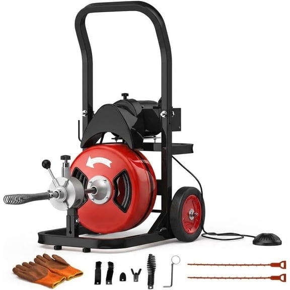 Memoryfield Electric Drain Cleaner Machine, 75Ft x 1/2" Sewer Snake with 4 Cutting Heads & Foot Switch for 2-4 Inch Pipes
