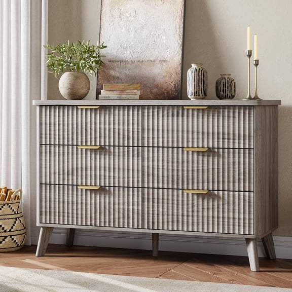 Memoryfield Fluted 6-Drawer Dresser, 47.2 in Wide Modern Chest, Curved Front Wood Storage Organizer with Gold Handles, Bedroom, Gray