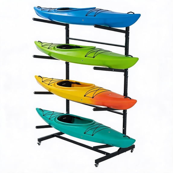 Memoryfield Freestanding Kayak Storage Rack with Wheels, 4-Tier Adjustable Heavy Duty Stand for Kayaks, Canoes, SUPs, Surfboards – Garage or Outdoor Organizer