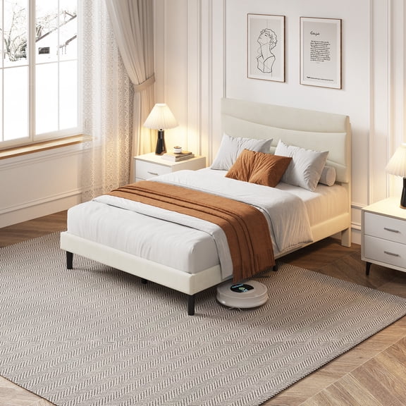 Memoryfield Full Platform Bed Frame with Upholstered Headboard, No Box Spring Required, for Bedroom, Beige