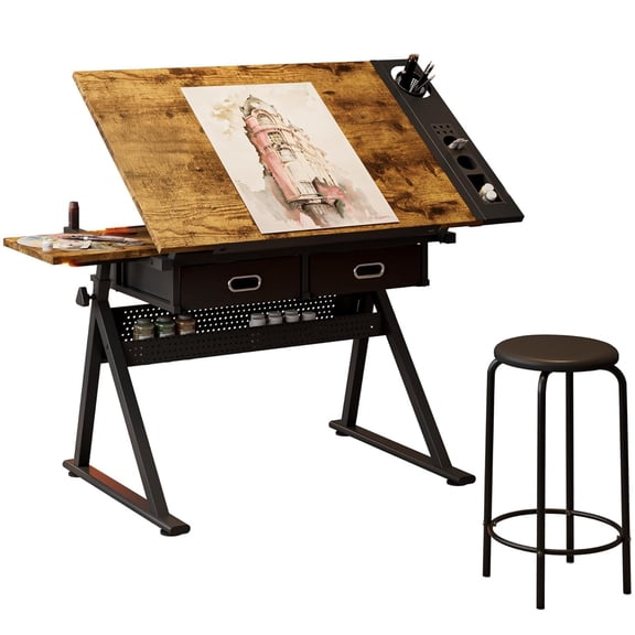 Height-Adjustable Drafting Table with Stool, 0-75° Tilting Artist ...