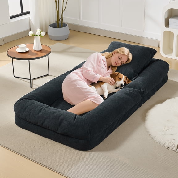 Memoryfield Human Dog Bed for Adults & Pets, Convertible Floor Lounge Chair, 5-Position Adjustable, 2 Pillows, Chenille Sofa Bed for Living Room & Bedroom, Black