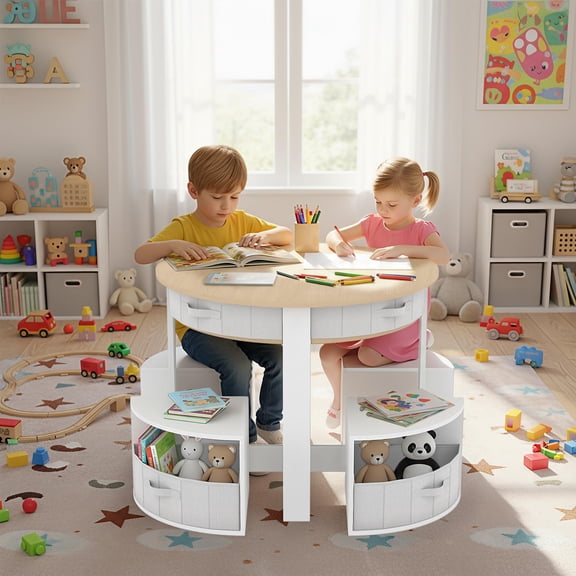 Memoryfield Kids Table and Chair Set, 5-Piece Wooden Round Nesting Activity Table with 4 Storage Stools & Fabric Drawers, Toddler Table for Play, Art, Reading & Crafts, White