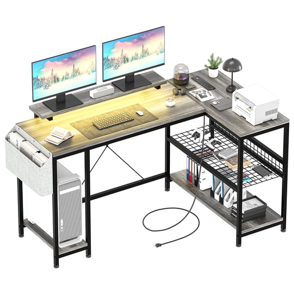 Memoryfield L Shaped Computer Desk w/ Power Outlets, LED Light, Reversible Corner Computer Desk, Shelves & Monitor Stand for Home Office/Gaming, Gray