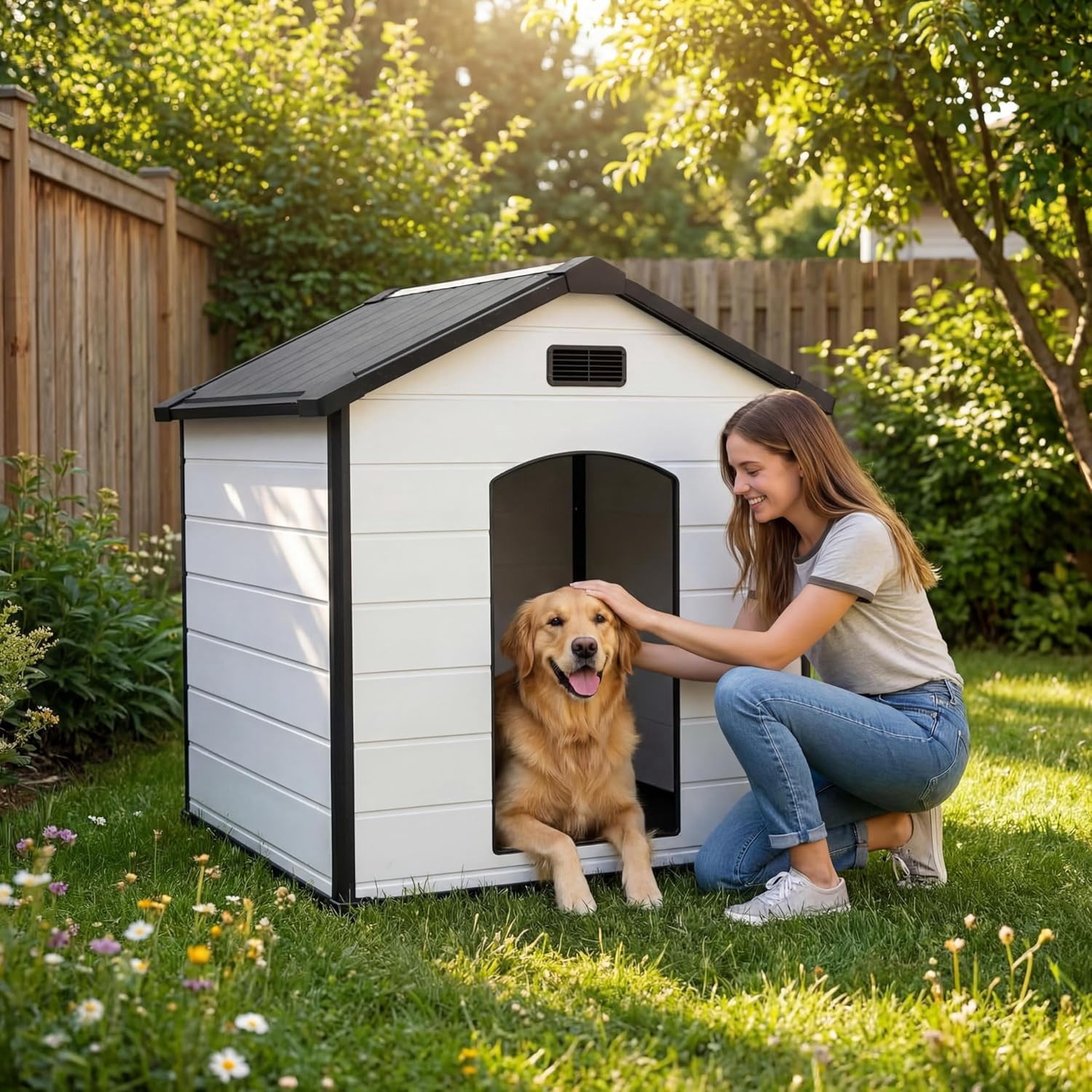 Memoryfield Large Plastic Dog House, 46" Waterproof Dog Kennel w/ Removable Roof, Indoor/Outdoor Pet Shelter, White
