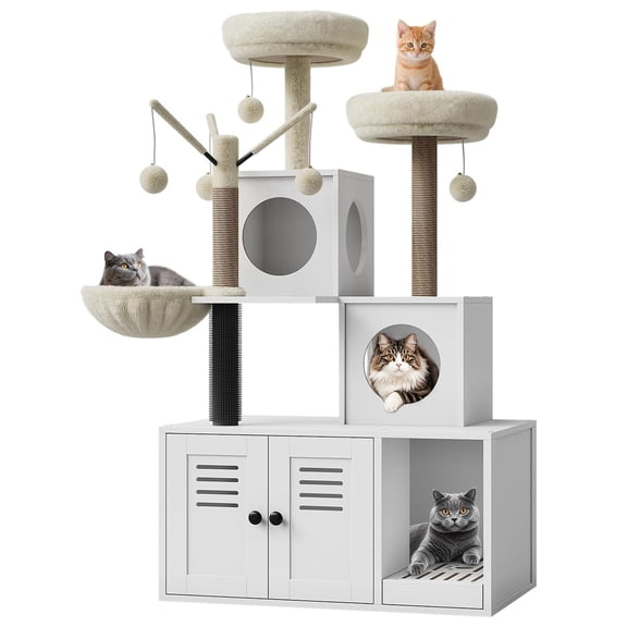 Memoryfield Litter Box Enclosure with Cat Tree Tower & Condo, Hidden Cat Washroom Furniture with Sisal Scratching Post, Plush Perch & Multiple Platforms, White