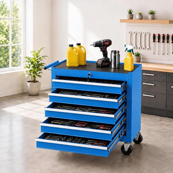 Memoryfield Metal Rolling Tool Chest with 5 Drawers, Portable Tool Storage Cabinet with Lock & Hooks, Tool Cart Organizer for Garage Workshop, Blue