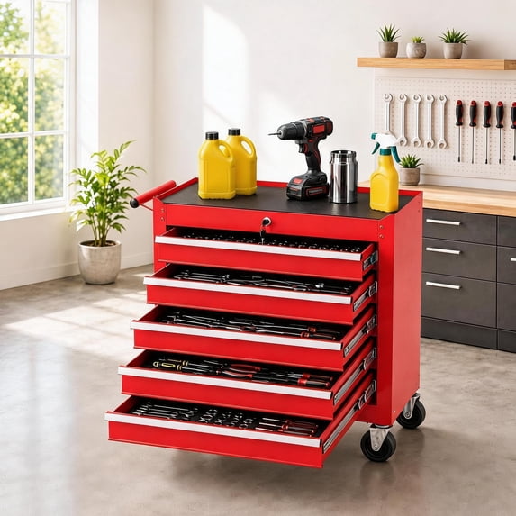 Memoryfield Metal Rolling Tool Chest with 5 Drawers, Portable Tool Storage Cabinet with Lock & Hooks, Tool Cart Organizer for Garage Workshop, Red