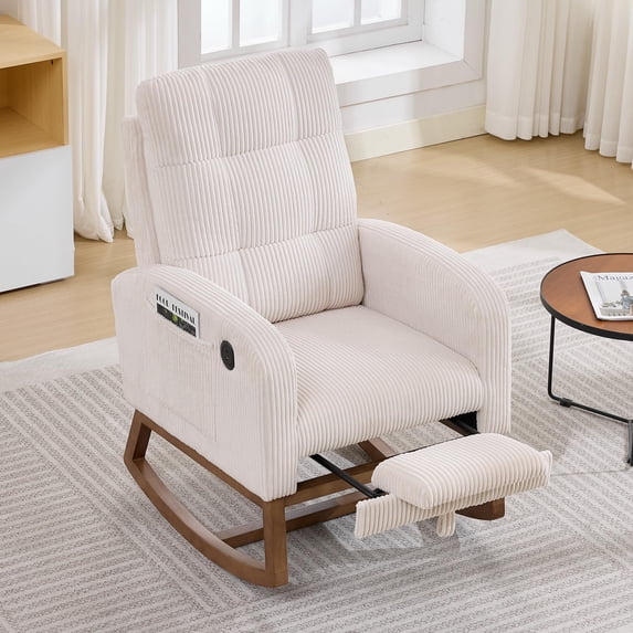 Memoryfield Modern Nursery Rocking Chair with Footrest, Upholstered Accent Chair with Side Pocket for Living Room, Beige
