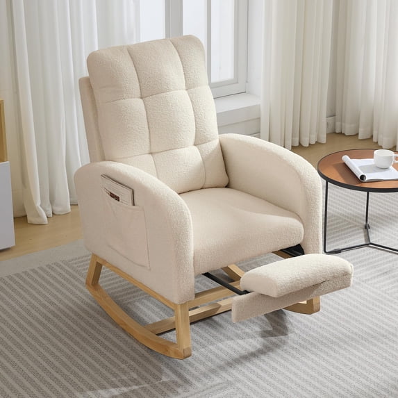 Memoryfield Modern Nursery Rocking Chair with Footrest, Upholstered Accent Chair with Side Pocket for Living Room, Camel