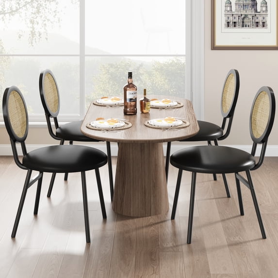 Memoryfield Modern Upholstered Cane Back Dining Chairs Set of 4, Metal Legs Kitchen Chairs, Black