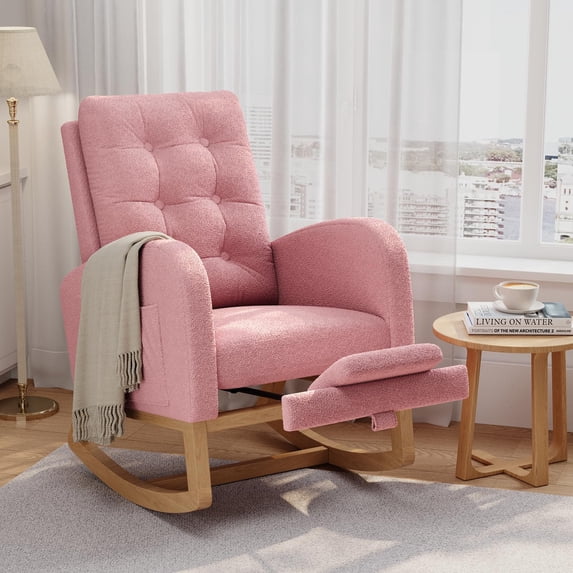 Memoryfield Nursery Rocking Chair with Footrest, Accent Chair with Side Pocket for Living Room, Pink