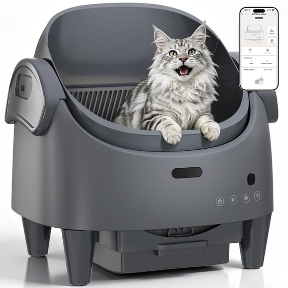 Memoryfield Open-Top Self Cleaning Cat Litter Box with App Control, Safety Sensors, Odor Control, Bags, Gray
