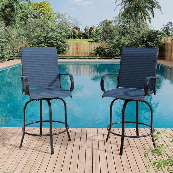 Memoryfield Outdoor Swivel Bar Stools Set of 2, Bar Height Patio Chairs with High Back & Armrests, Textilene Fabric Bar Stools for Patio, Deck, Backyard & Garden, Blue