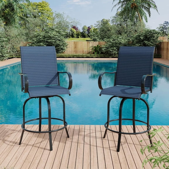 Memoryfield Outdoor Swivel Bar Stools Set of 2, Bar Height Patio Chairs with High Back & Armrests, Textilene Fabric Bar Stools for Patio, Deck, Backyard & Garden, Blue