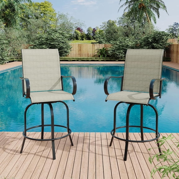 Memoryfield Outdoor Swivel Bar Stools Set of 2, Bar Height Patio Chairs with High Back & Armrests, Textilene Fabric Bar Stools for Patio, Deck, Backyard & Garden, Brown