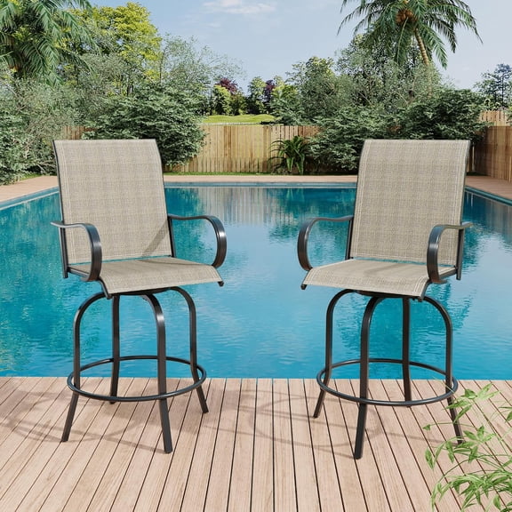 Memoryfield Outdoor Swivel Bar Stools Set of 2, Bar Height Patio Chairs with High Back & Armrests, Textilene Fabric Bar Stools for Patio, Deck, Backyard & Garden, Light Gray