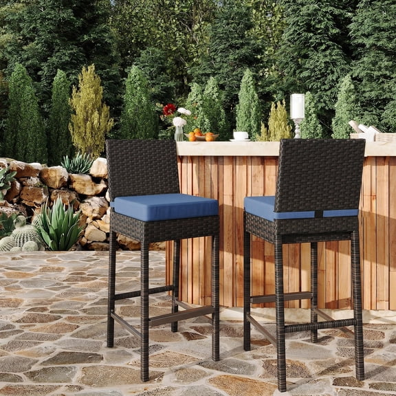 Memoryfield Outdoor Wicker Barstools Set of 2, Rattan Patio Bar Stools with Cushions, for Backyard, Blue