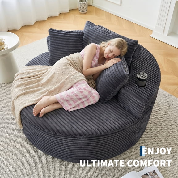 Memoryfield Oversized Round Chaise Lounge Chair, 55" Upholstered Corduroy Deep Seat Cloud Sofa, Circle Couch with Cup Holders,  for Living Room & Bedroom, No Assembly Required, Gray