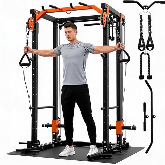 Memoryfield Power Cage with Cable Crossover System, 2000 lbs Capacity Power Rack with LAT Pulldown, Multi-Function Workout Cage with Pulley System for Strength Training, Orange