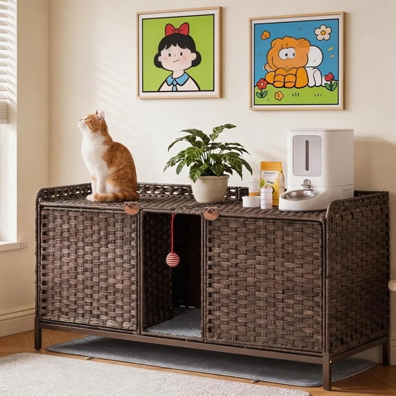 Memoryfield Rattan Hidden Litter Box Enclosure Furniture, 47.2" Double Enclosure for 2 Cats, Large Cat Cabinet with Mats, Play Ball & 2 Hooks, Brown