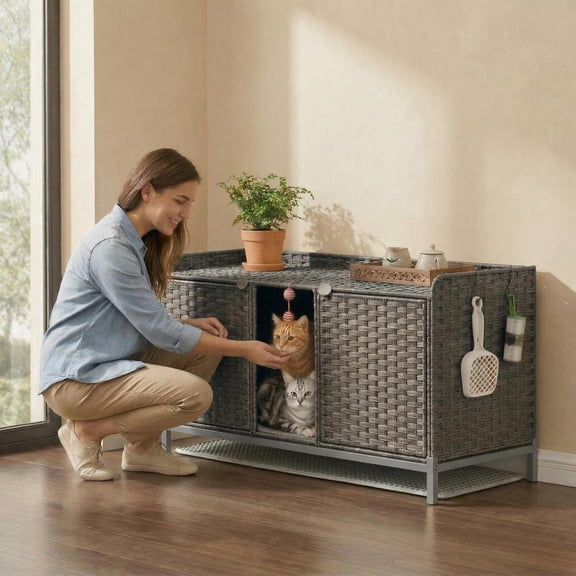 Memoryfield Rattan Hidden Litter Box Enclosure Furniture, 47.2" Double Enclosure for 2 Cats, Large Cat Cabinet with Mats, Play Ball & 2 Hooks, Gray