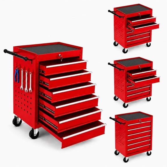 Memoryfield Rolling Tool Chest, 6 Drawer Tool Storage Cabinet with Locking System, Tool Cart Organizer for Garage Workshop, Red