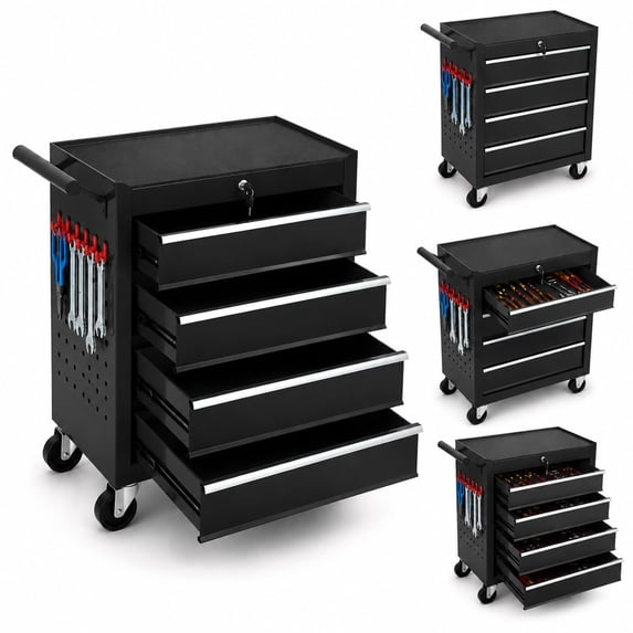 Memoryfield Rolling Tool Chest Cart with 4 Drawers, Wheels, Lockable Storage Cabinet & Hooks, Black
