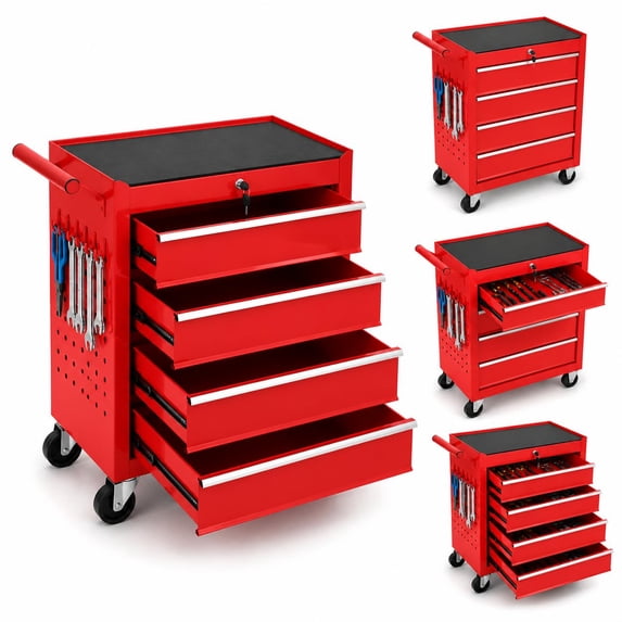 Memoryfield Rolling Tool Chest Cart with 4 Drawers, Wheels, Lockable Storage Cabinet & Hooks, Red