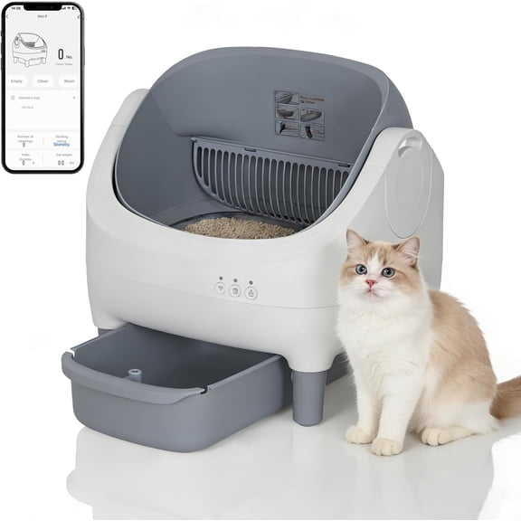 Memoryfield Self-Cleaning Open-Top Automatic Cat Litter Box with App Control, 10.5L Waste Bin, Gray