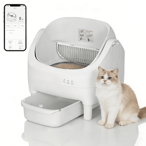 Memoryfield Self-Cleaning Open-Top Automatic Cat Litter Box with App Control, 10.5L Waste Bin, White
