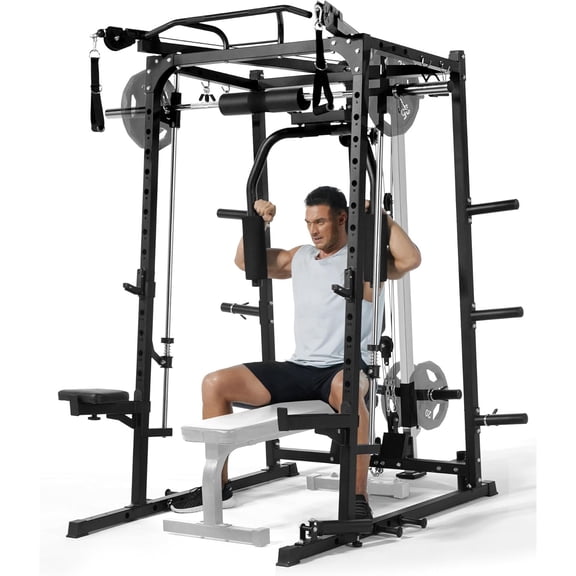 Memoryfield Smith Machine Home Gym with LAT Pulldown & Chest Station, 2000 lbs Capacity Power Cage, Multi-Function Squat Rack with Attachments for Strength Training, Black