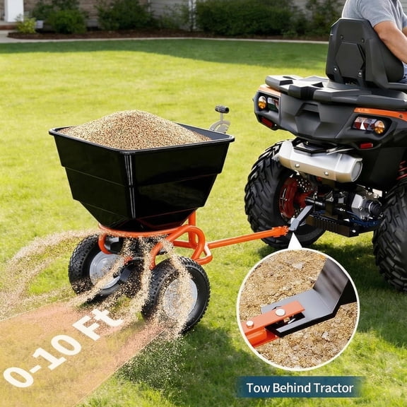 Memoryfield Tow Behind Broadcast Spreader, 130 lb Capacity Lawn & Garden Fertilizer Spreader, Pull Behind Seeder for Seed, Salt & Ice Melt, Black & Orange