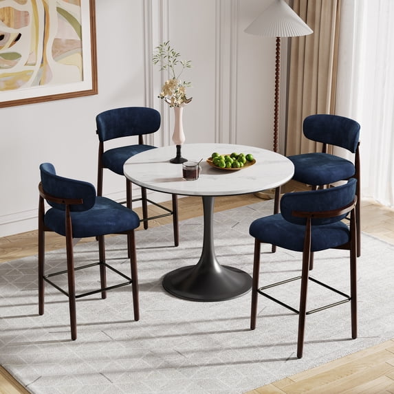 Memoryfield Upholstered Bar Stools Set of 4, Counter Height Barstools, Linen Fabric Curved Back, Kitchen Island & Dining Room, Blue