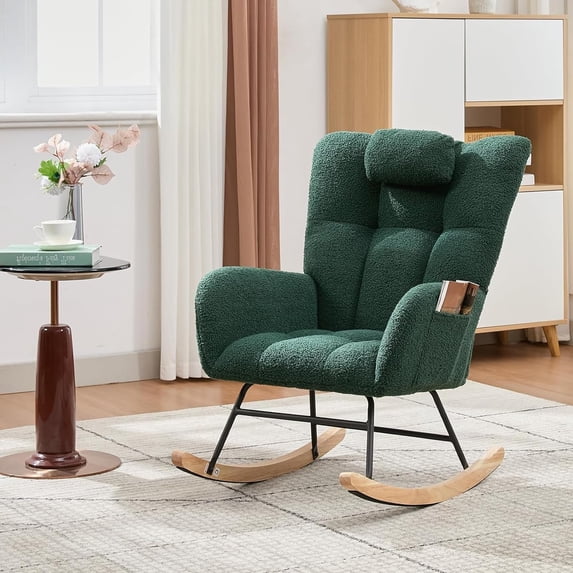 Memoryfield Upholstered Nursery Rocking Chair, Teddy Glider Rocker Accent Chair for Adults, for Living Room & Bedroom, Dark Green
