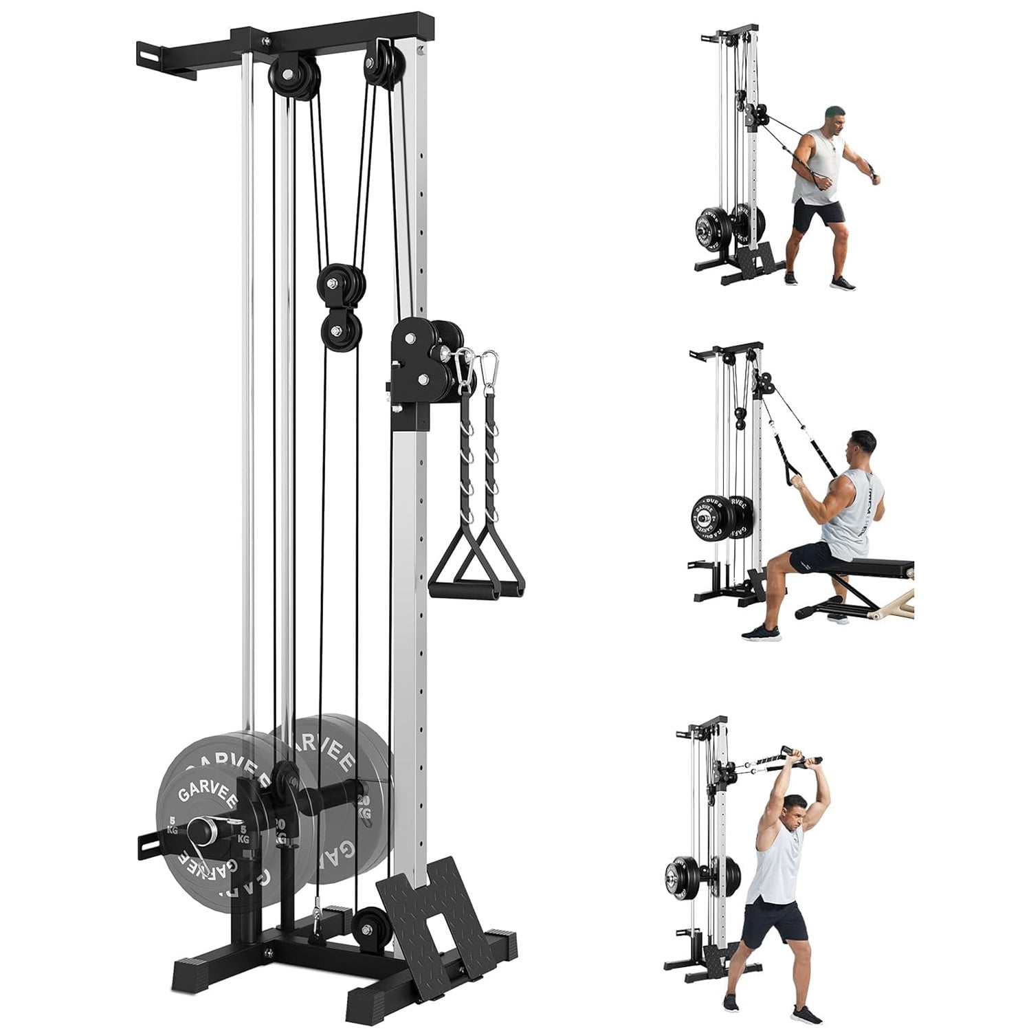 Memoryfield Wall-Mount Cable Station, 19-Position Dual Pulley Lat Pulldown Machine, Crossover w/ Footplate T-Bar Attachments for Home Gym