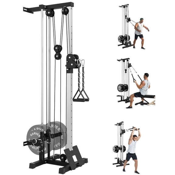 Memoryfield Wall-Mount Cable Station, 19-Position Dual Pulley Lat Pulldown Machine, Crossover w/ Footplate T-Bar Attachments for Home Gym