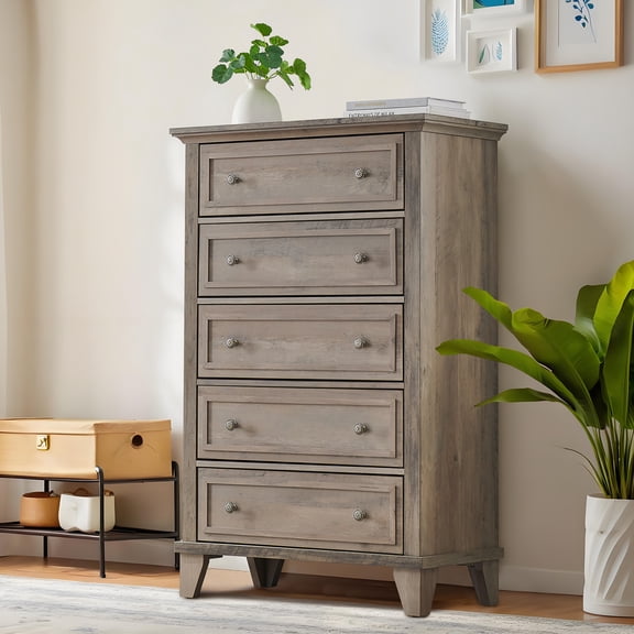 Memoryfield Wood 5-Drawer Tall Dresser, 48 in Chest of Drawers with Metal Handles, Storage for Bedroom, Living Room, Gray