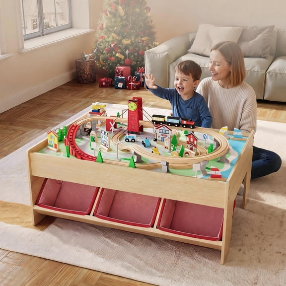 Memoryfield Wooden Train Table Activity Table, 3 Storage Bins, 92 Pcs