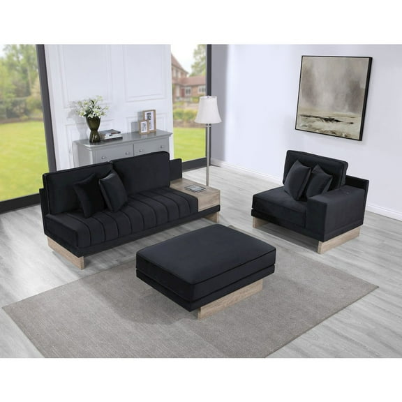 Memphis 122.5"W Black Velvet Rev. Sectional Sofa Ottoman Storage Charging Outlet