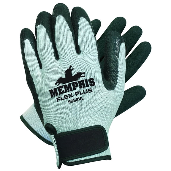 Memphis 9688V-XL Coated Gloves, XL, Latex Palm, Black/Gray, Standard Finger, Cotton/Polyester