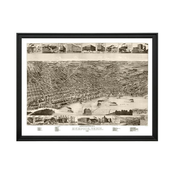 Memphis Art, 1887 Vintage Map of Memphis Tennessee, TN History Wall Decor Gift, Old Memphis Map - 24" x 18" Black Framed Print