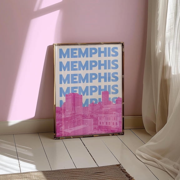 Memphis Art Print Tennessee Wall Decor Blue Pink Memphis Skyline Travel Print Preppy Tn Cute Trendy City Artwork Home Decor #557, Unframed Canvas Size 16x24