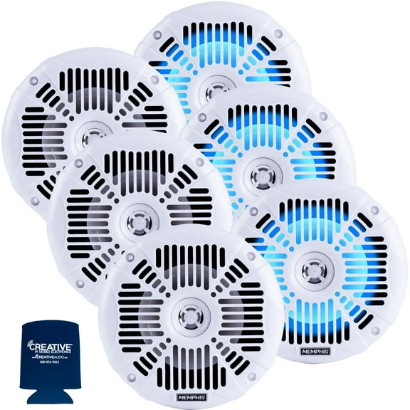 Memphis Audio LED Marine Speaker Pack: 3 Pairs of MXA602SLW 6.5" Marine Grade Coaxial Speakers, White With Blue LED