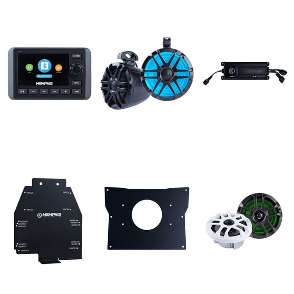 Memphis Audio SMC3 Marine Multi-Zone Media Center with MX400.4 Amp, MXA60L 6.5" Front Speakers and MXA62PS 6.5" Rear Pods & Installation Accessories Compatible with 2020-2022 Kawasaki Teryx KRX