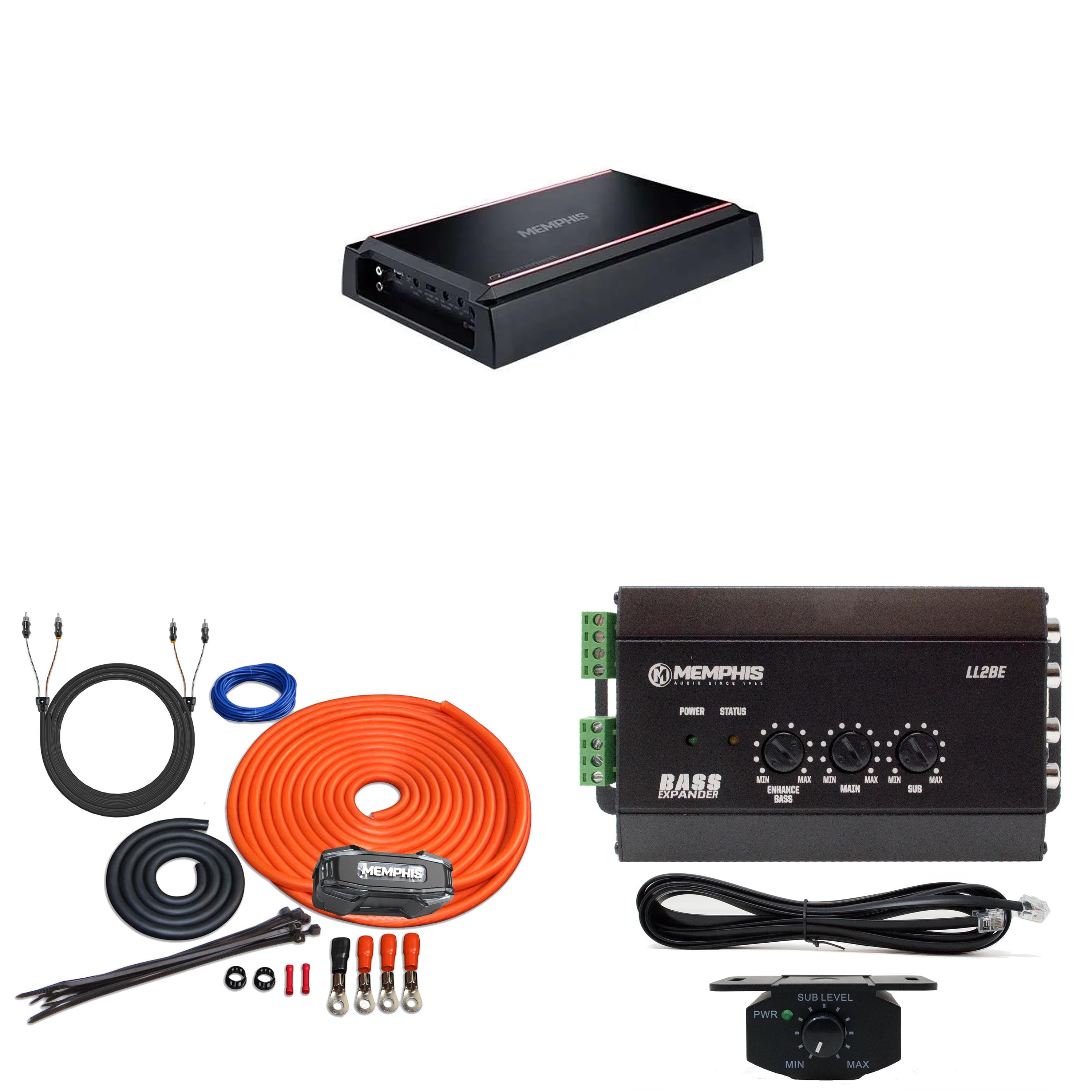 Memphis Audio SRX1200.1V 1200x1 at 1 Ohm SR Amplifier with 4GKIT 4-Gauge Amp Install Kit With ANL Fuse Holder and LL2BE 2-Channel Line Output Converter with Digital Bass Restoration
